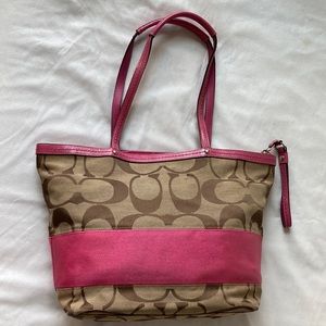 COACH khaki/pink Jacquard signature striped bag K0969-F13548